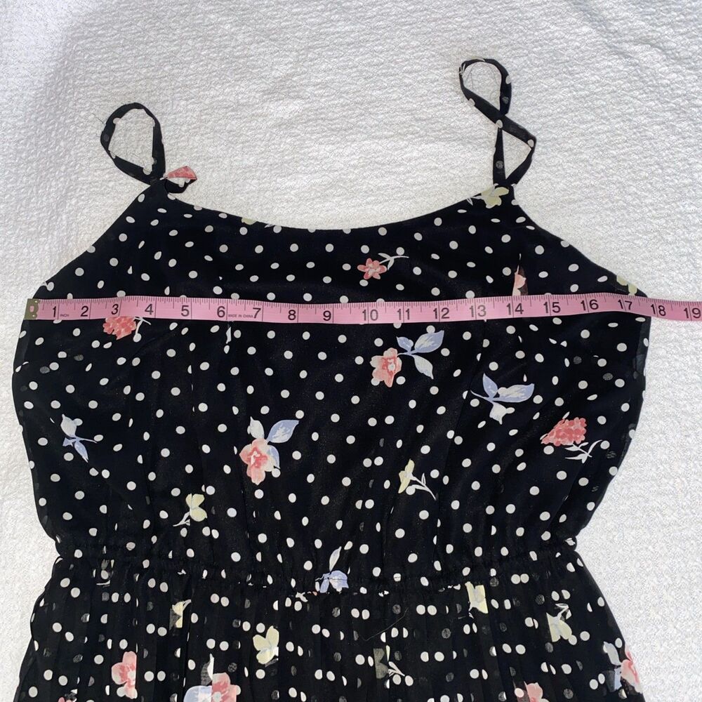 Whimsigoth Floral Pleated Dress Black Polka Dot Midi Romantic Adjustable Straps - Picture 4 of 8